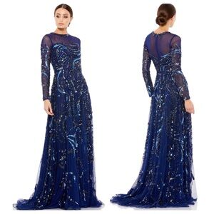 MAC DUGGAL LONG SLEEVE EMBELLISHED ILLUSION EVENING GOWN MIDNIGHT SIZE 8 NWOT